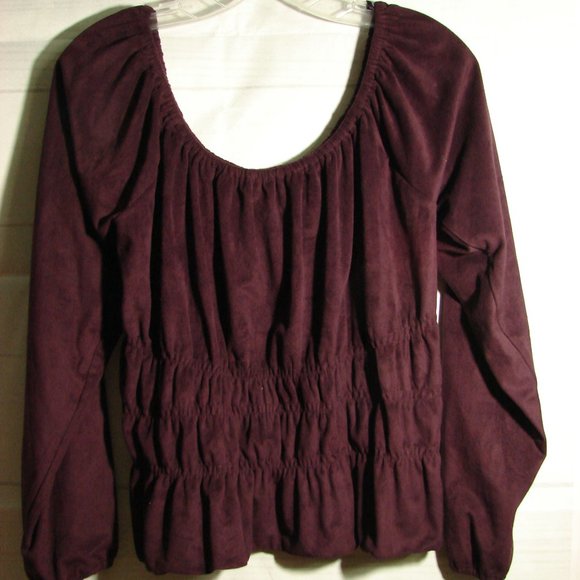 Plum Purple Microsuede Microfiber Long Sleeve Peasant Scoop Neck Top - Picture 16 of 16